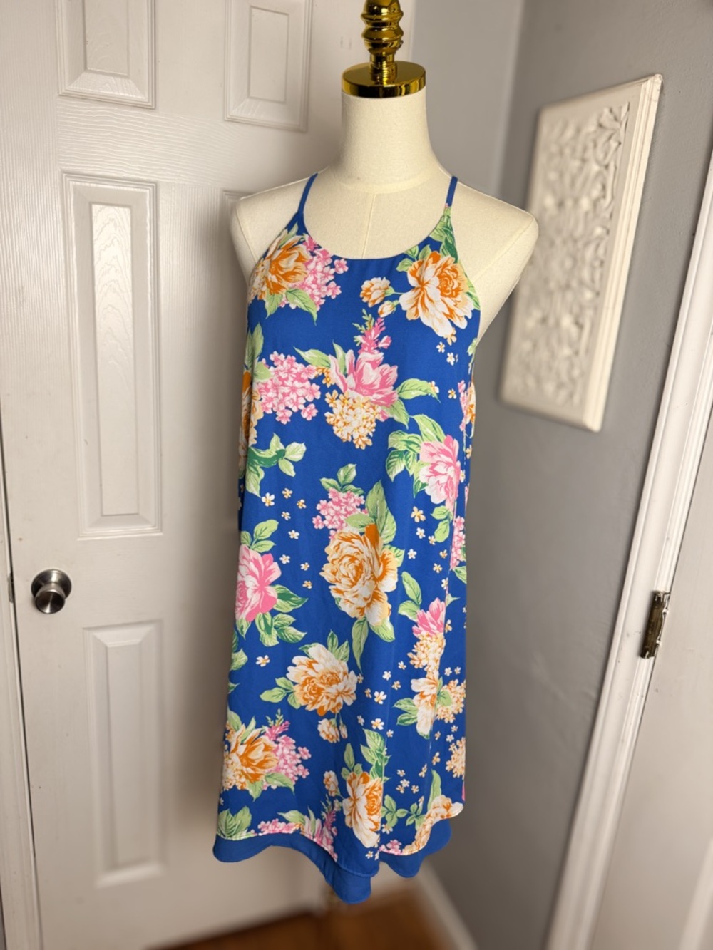 XL Pink Rose Y2K Blue Floral Sundress Sleeveless Mini Spring Summer Vacation
